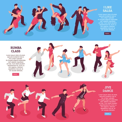 Dance set of horizontal isometric banners with rumba class, people during salsa, jive isolated vector illustration