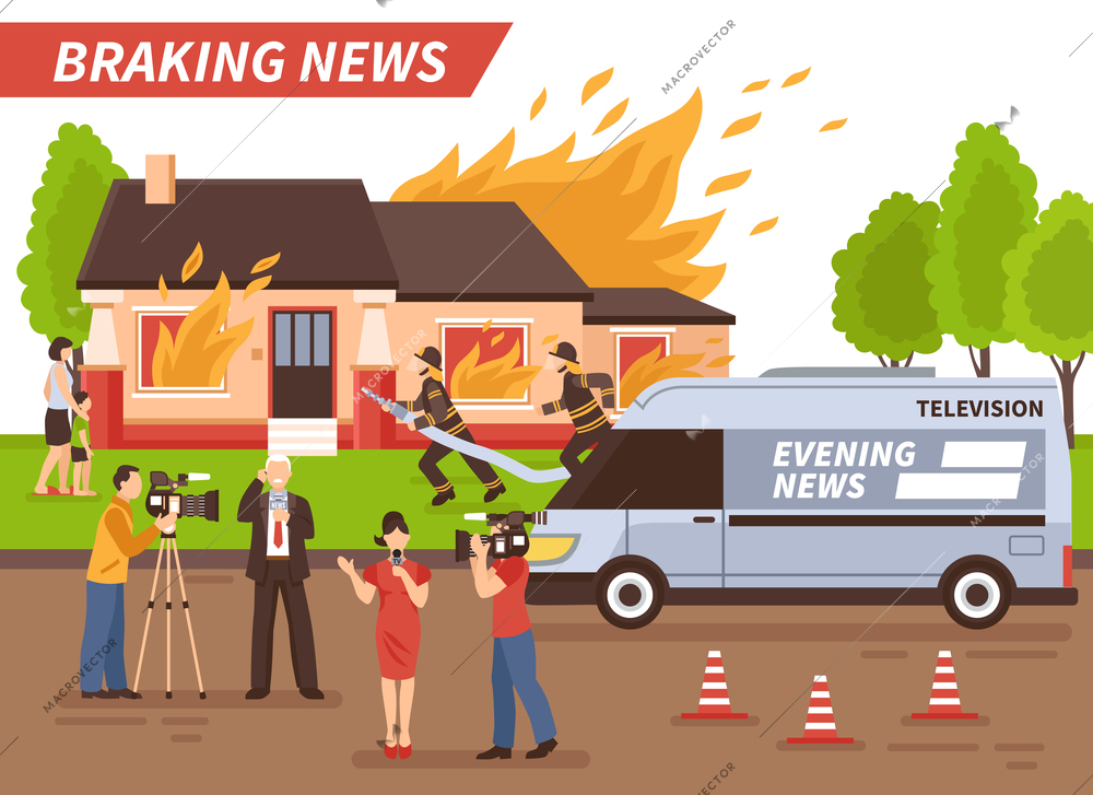 Breaking news of different tv channels live reportage from scene of firefighting of residential house vector illustration