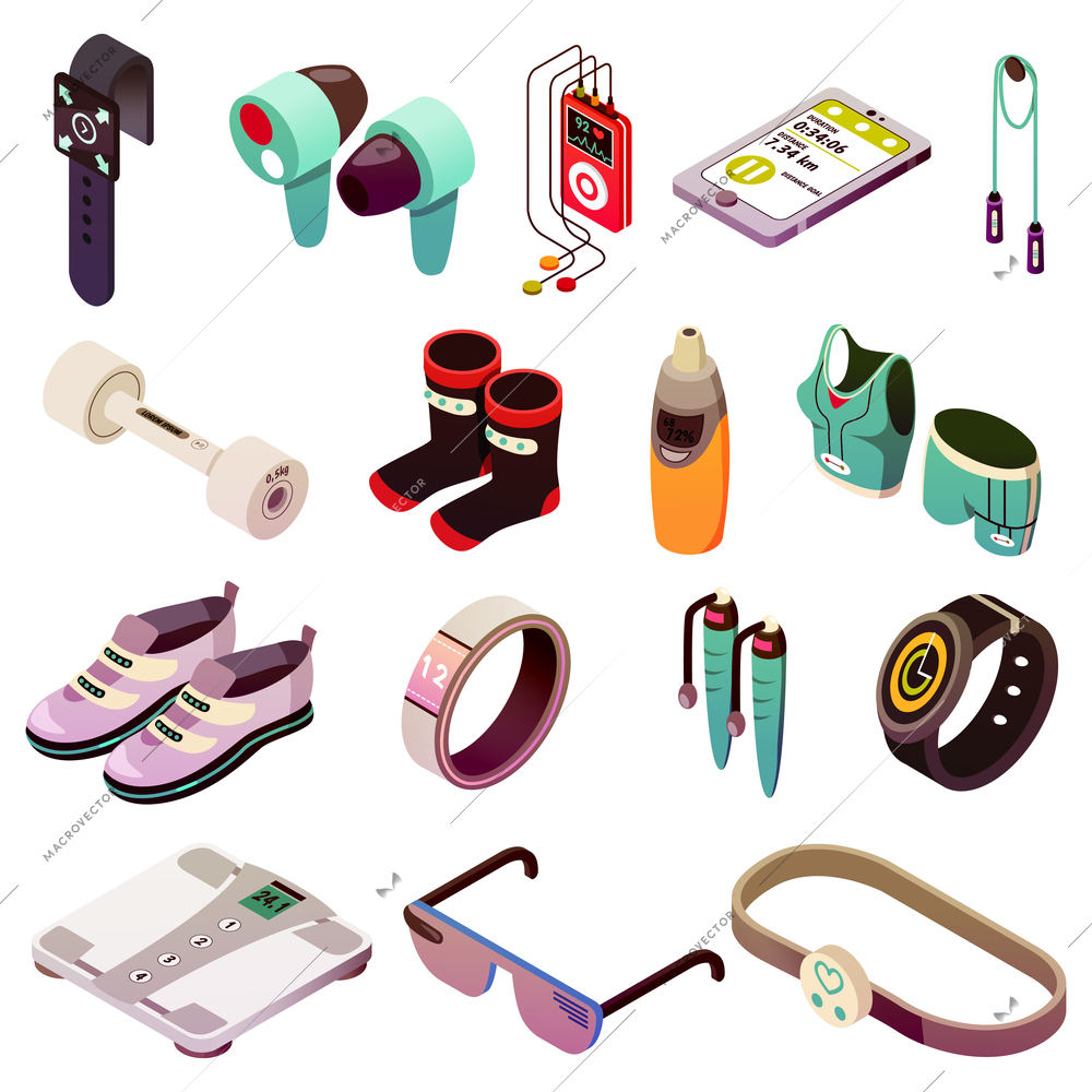 Isometric wearable sport devices icons collection of sixteen isolated images with various smart sport equipment vector illustration