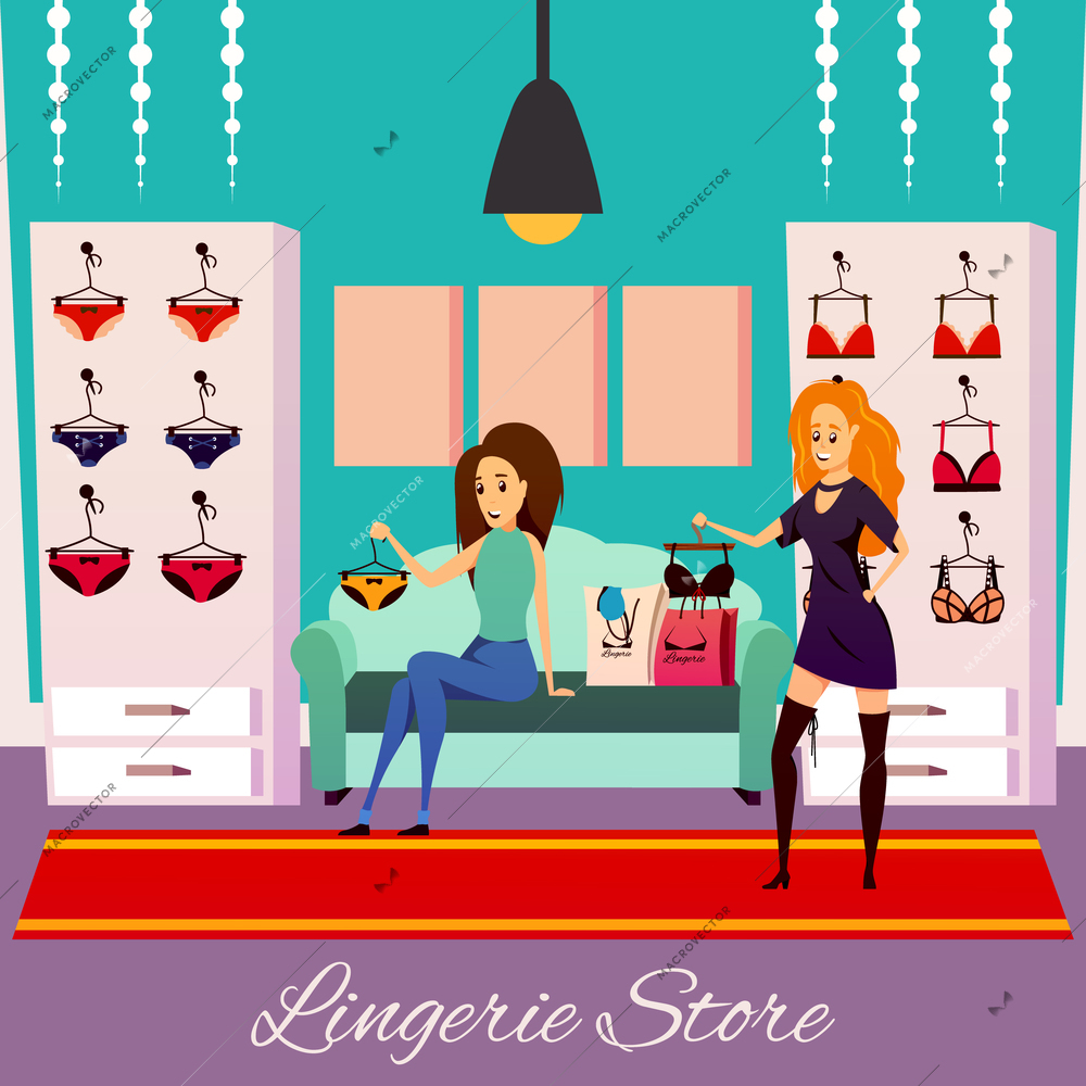 Lingerie store flat colorful square composition background with two female customer human characters in shop interior vector illustration