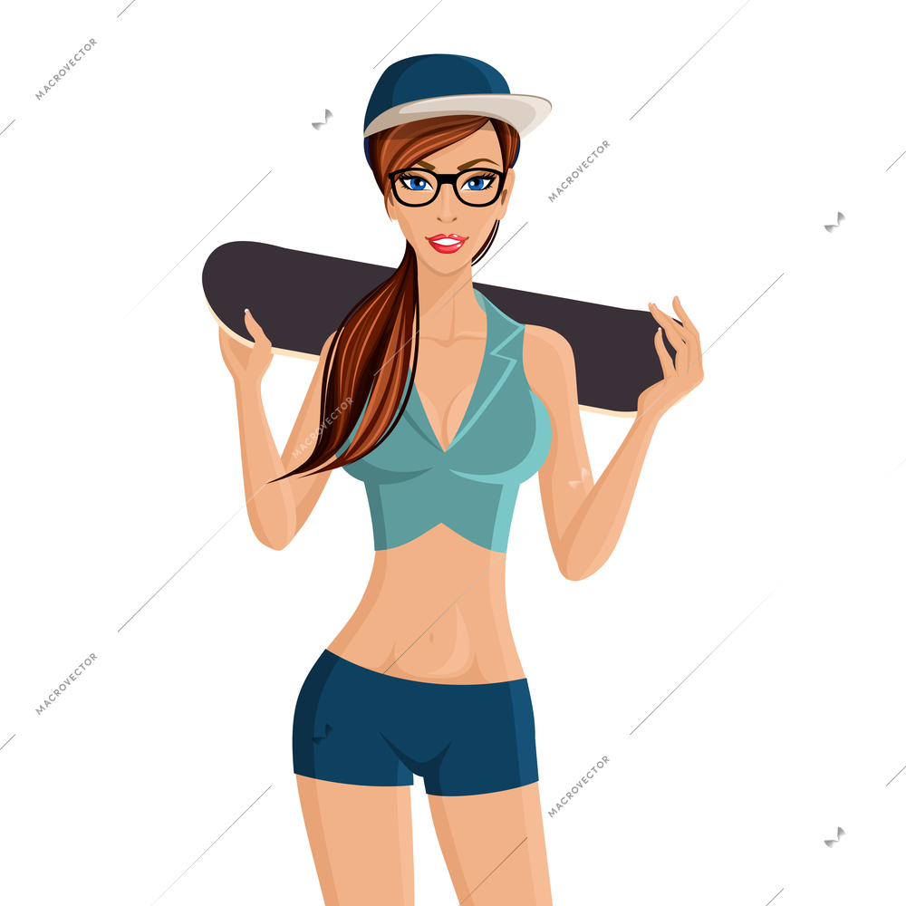Young fit happy girl sport clothes with skate board portrait isolated on white background vector illustration