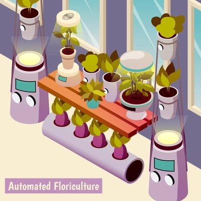Agricultural robots isometric background with chemical gardening system and electronically controlled water tank with various plants vector illustration
