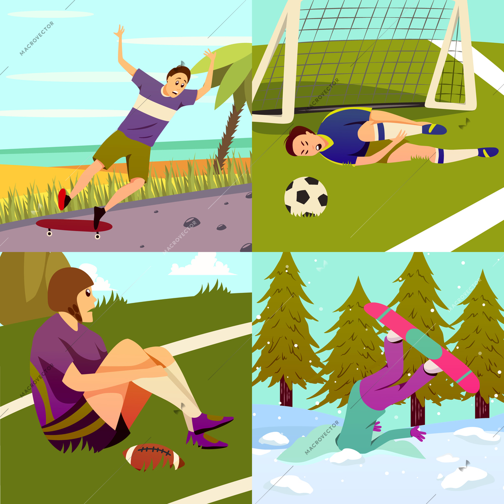 Sport injury flat colorful 2x2 design concept set of square compositions with different kinds of sport vector illustration