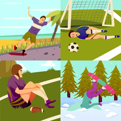 Sport injury flat colorful 2x2 design concept set of square compositions with different kinds of sport vector illustration