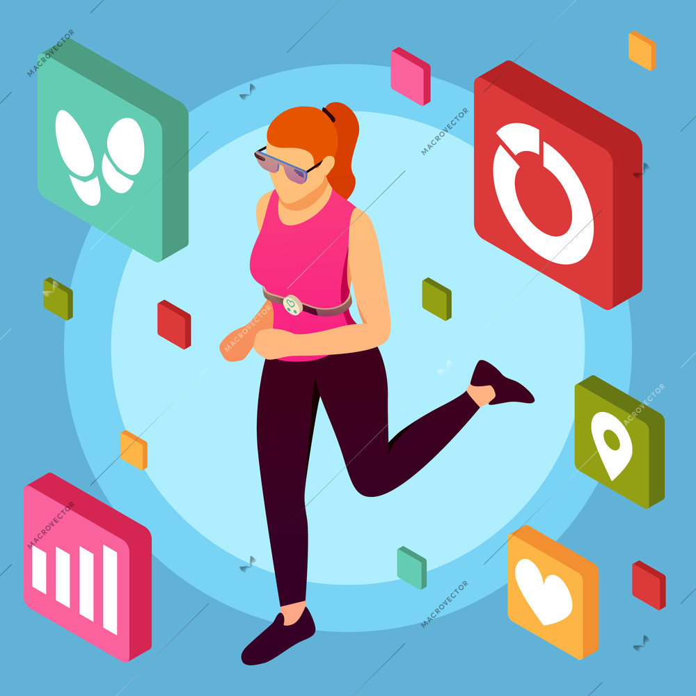 Isometric wearable sport devices background with female human character doing taking exercises with mobile fitness application pictograms vector illustration