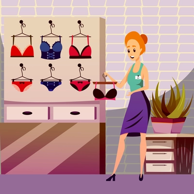 Lingerie store flat colorful square background composition with human character of saleswoman near shop display vector illustration