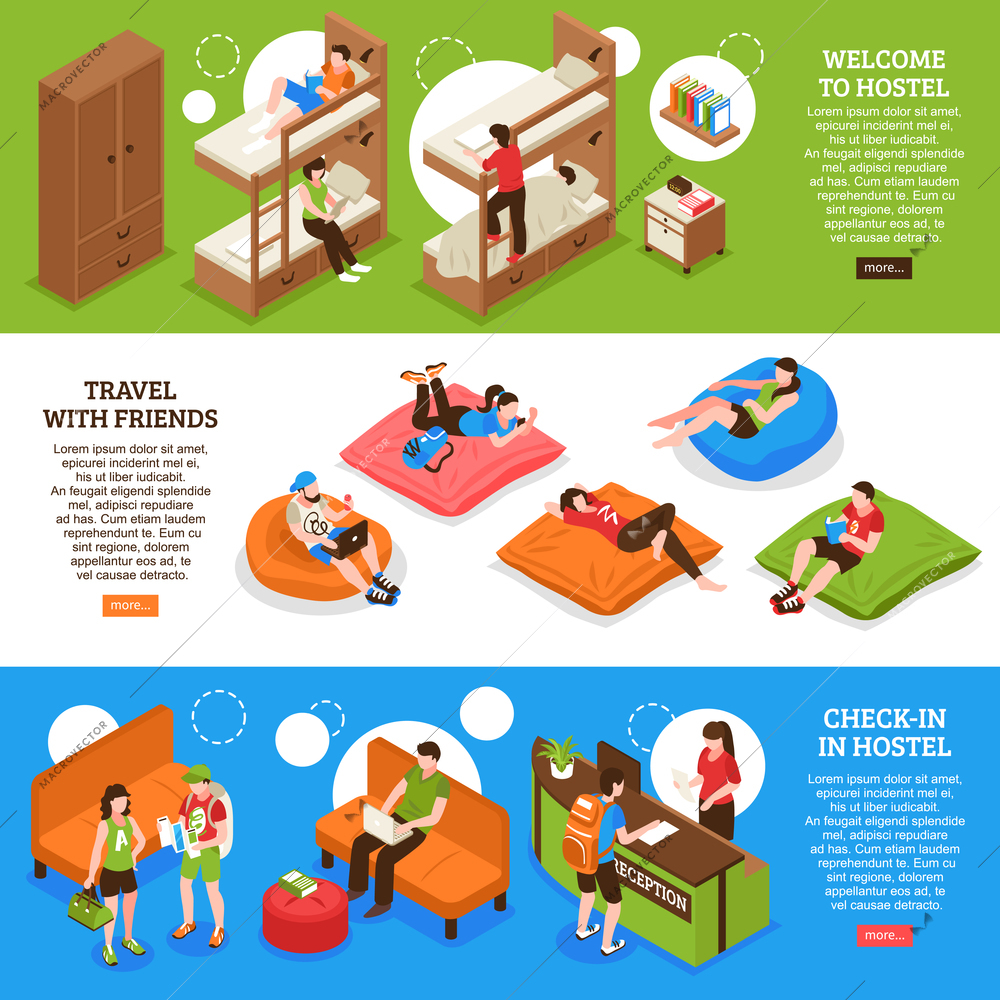 Hostel horizontal isometric banners with bunk beds, travel with friends, check-in in guesthouse isolated vector illustration