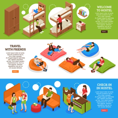 Hostel horizontal isometric banners with bunk beds, travel with friends, check-in in guesthouse isolated vector illustration