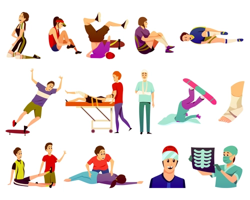 Sport injury flat colorful icons collection of isolated athletes suffering from traumas and sports medicine doctors vector illustration