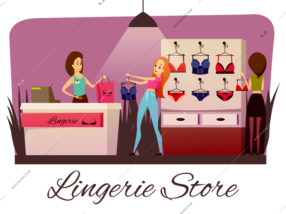 Lingerie store flat colorful horizontal composition with cartoon style human characters of female customers and saleswoman vector illustration