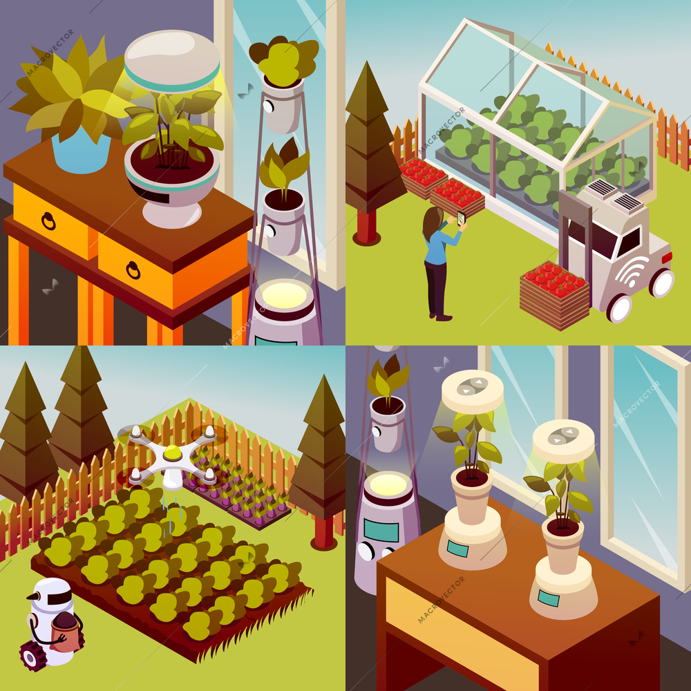 Agricultural robots isometric 2x2 design concept set of square compositions representing robotised environment of husbandry farm vector illustration