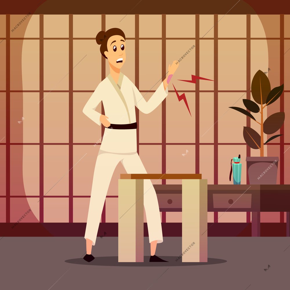 Sport injury flat colorful composition with cartoon character of karate warrior in kimono and indoor scenery vector illustration