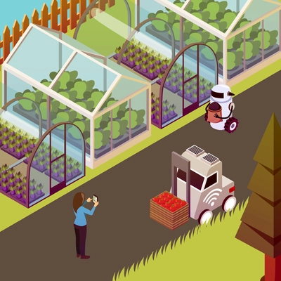 Agricultural robots isometric background with view of husbandry farm walk with robots and line of hothouses vector illustration