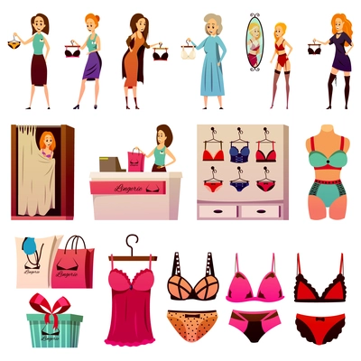 Lingerie store flat colorful icons collection of isolated female underwear mannequins shop displays and human characters vector illustration