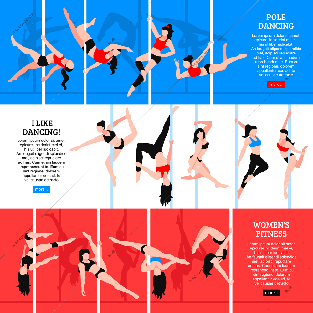 Pole dance set of horizontal banners with girls in various poses isolated on color background vector illustration