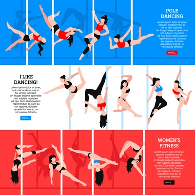 Pole dance set of horizontal banners with girls in various poses isolated on color background vector illustration