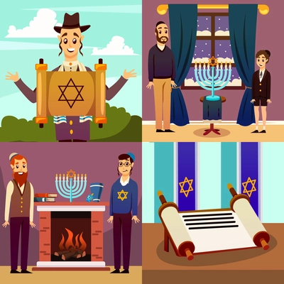 Cartoon jews characters 2x2 design concept collection of flat images with human characters and spiritual items vector illustration