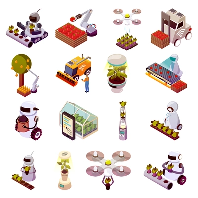 Agricultural robots isometric icons set of isolated images of android gardeners and drone farmers with plants vector illustration