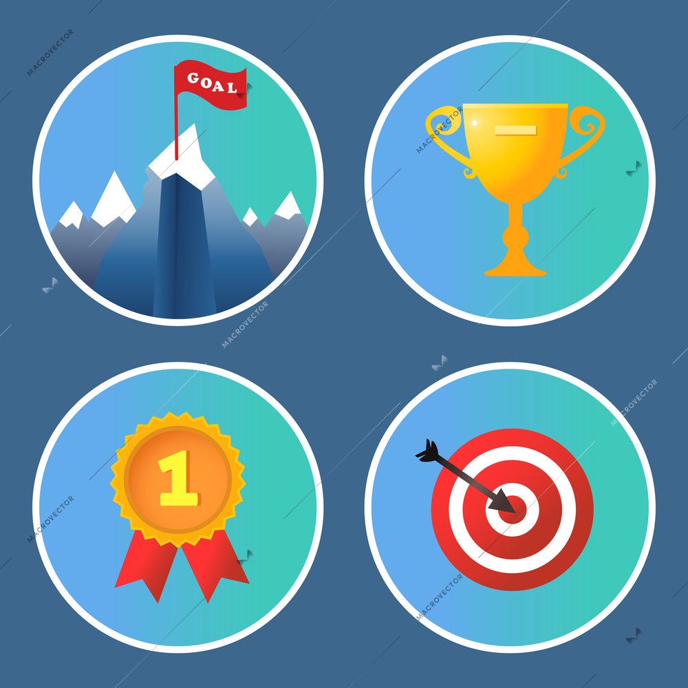 Achievement icons set trophy summit medal and target isolated vector illustration