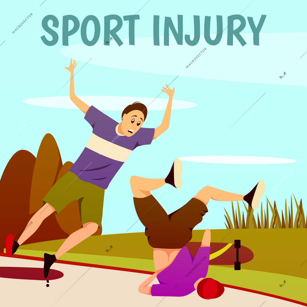 Sport injury flat colorful background with composition of two traumatised skateboarders with text and outdoor scenery vector illustration