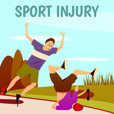 Sport injury flat colorful background with composition of two traumatised skateboarders with text and outdoor scenery vector illustration