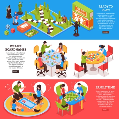 Set of horizontal isometric banners with people playing board games isolated on colorful background vector illustration