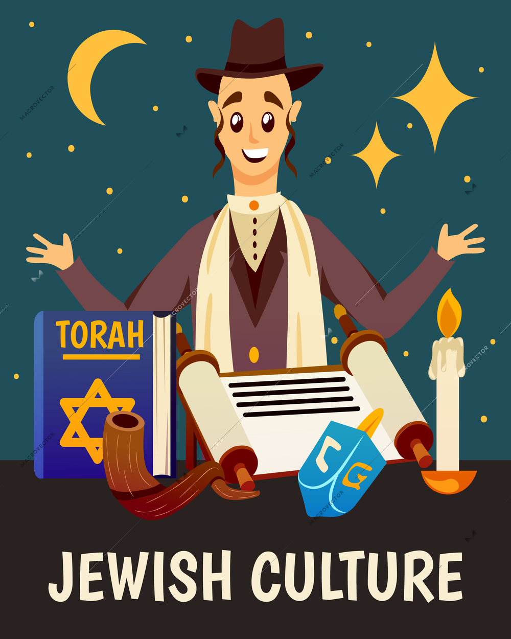 Cartoon jews characters composition background with flat images of jewish human character torah book candle and symbols vector illustration