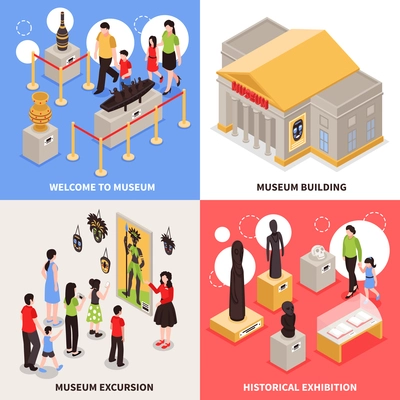 Museum isometric design concept with excursion for visitors, building architecture, historical exhibition isolated vector illustration