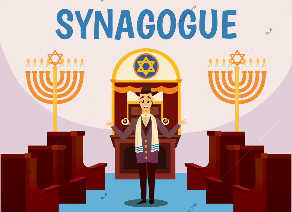 Cartoon jews characters composition with flat images of synagogue temple indoor interior with rabbi human character vector illustration