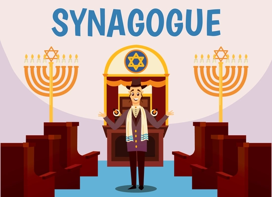 Cartoon jews characters composition with flat images of synagogue temple indoor interior with rabbi human character vector illustration