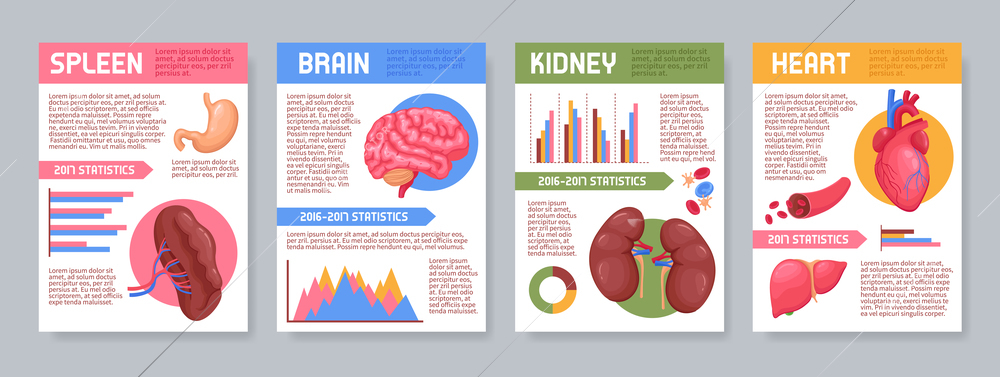 Set of posters with human internal organs including brain, kidneys, heart, spleen, infographic elements isolated vector illustration