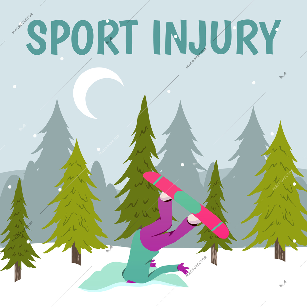 Sport injury flat colorful composition with winter landscape with trees snow and human character of injured person vector illustration