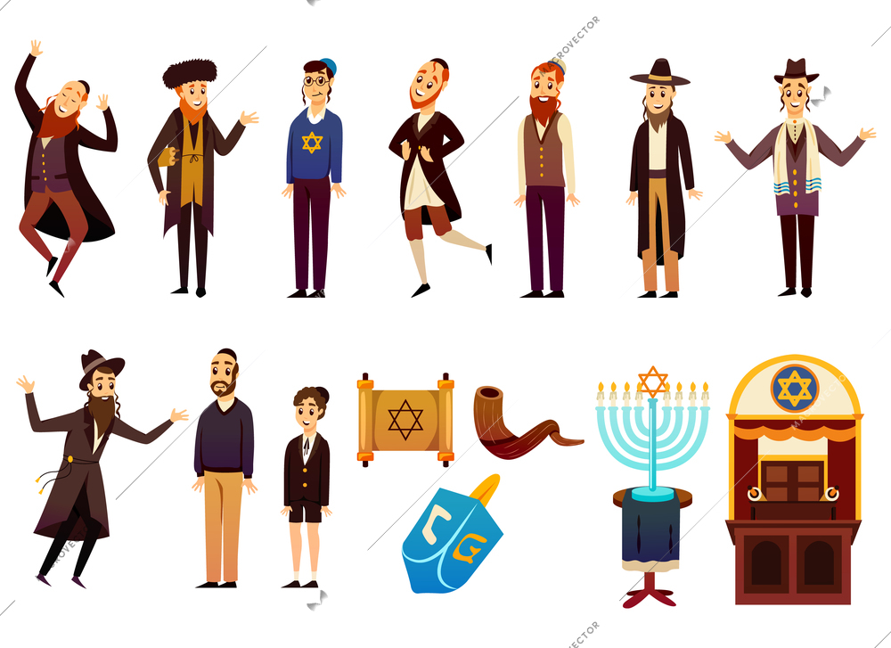 Cartoon jews characters icons collection with isolated images of young and adult israelite people with jewish symbols vector illustration