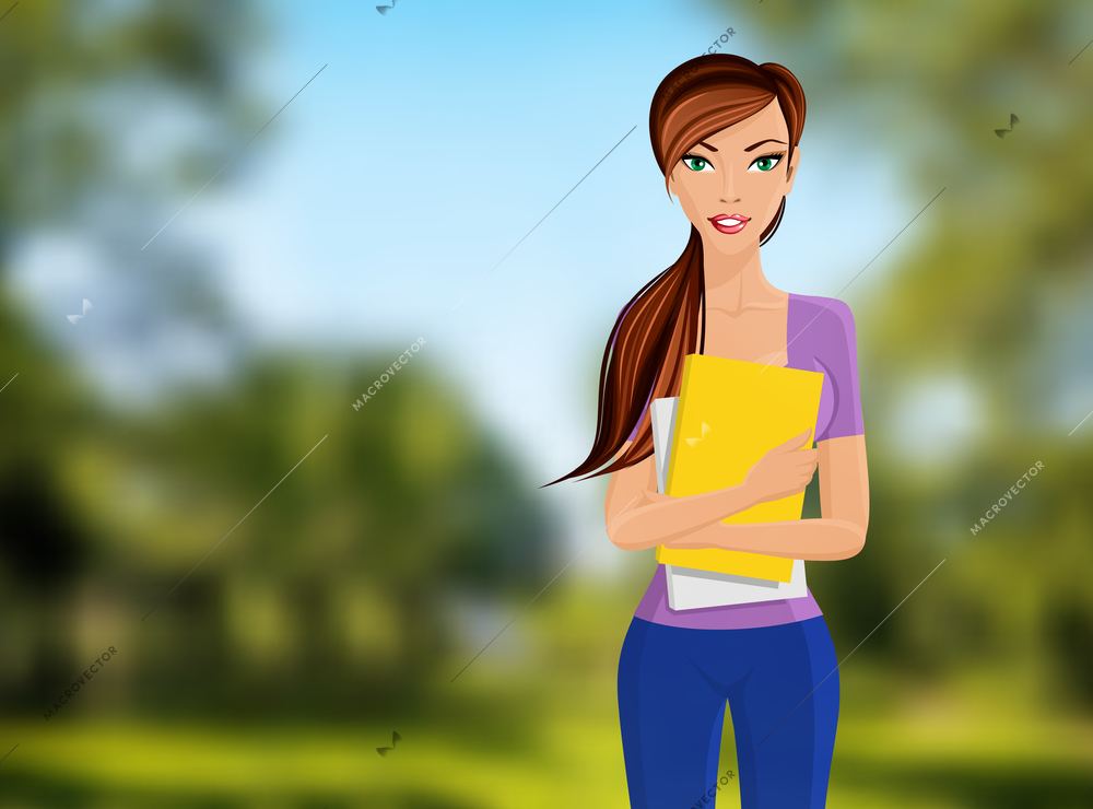 Young beautiful happy girl student with books and notebooks portrait on outdoor background vector illustration