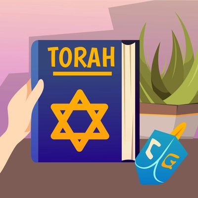 Cartoon jews characters composition with human hand holding the torah book of jewish and christian scriptures vector illustration