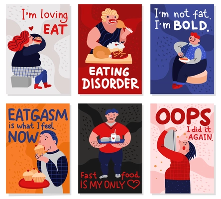 Gluttony cards set with eating disorder and fast food symbols flat isolated vector illustration