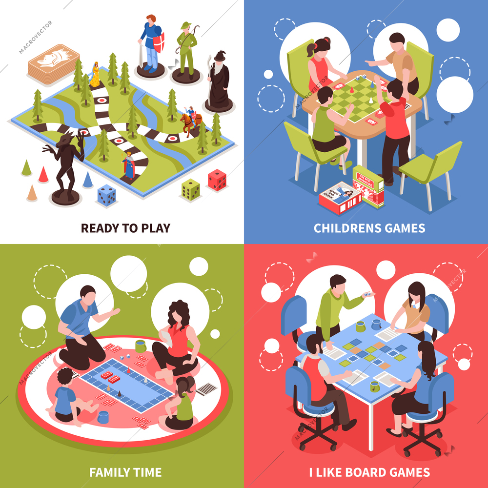 Isometric design concept with kids playing board games, family pastime, desktop field with pieces isolated vector illustration