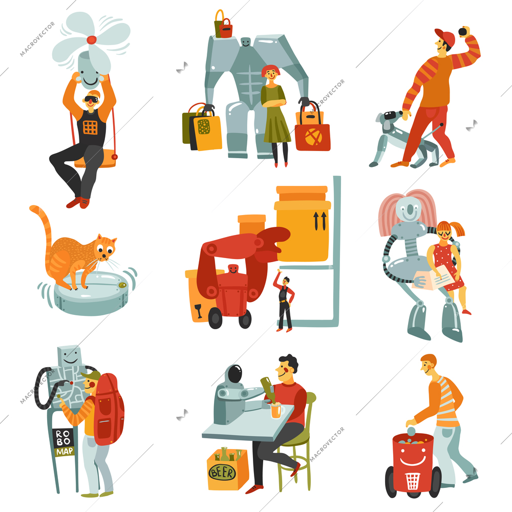 Robots androids set with technology symbols flat isolated vector illustration