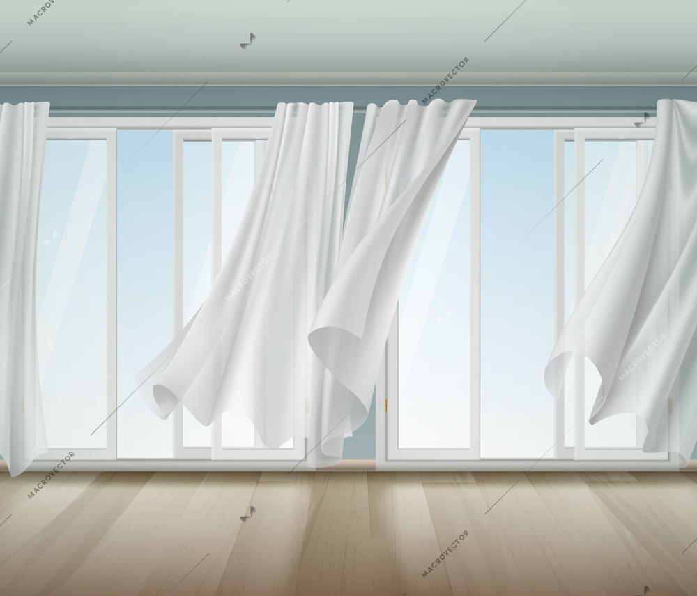 Open window with white frame and  lightweight clear curtains billowing on wind, wooden floor vector illustration