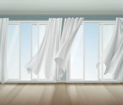 Open window with white frame and  lightweight clear curtains billowing on wind, wooden floor vector illustration