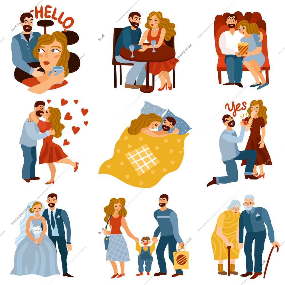 Developing relations set with love symbols flat isolated vector illustration