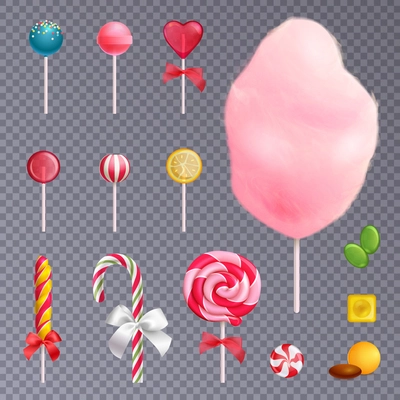 Set of realistic sweets including fruit lollipops, cotton candy, caramels on isolated on transparent background vector illustration