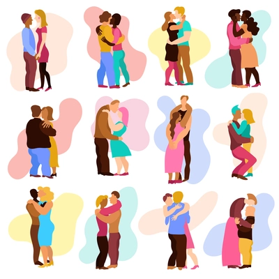 Love hugs set with man and woman relations symbols flat isolated vector illustration