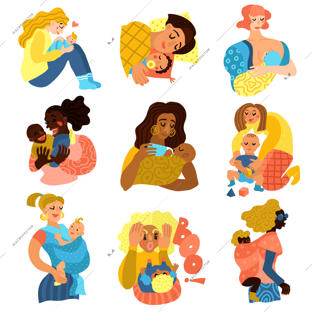 Motherhood icons set with baby and woman relations symbols flat isolated vector illustration