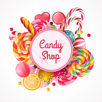 Candy shop round frame background with realistic fruit lollipops with sprinkles, spiral colorful sweets vector illustration