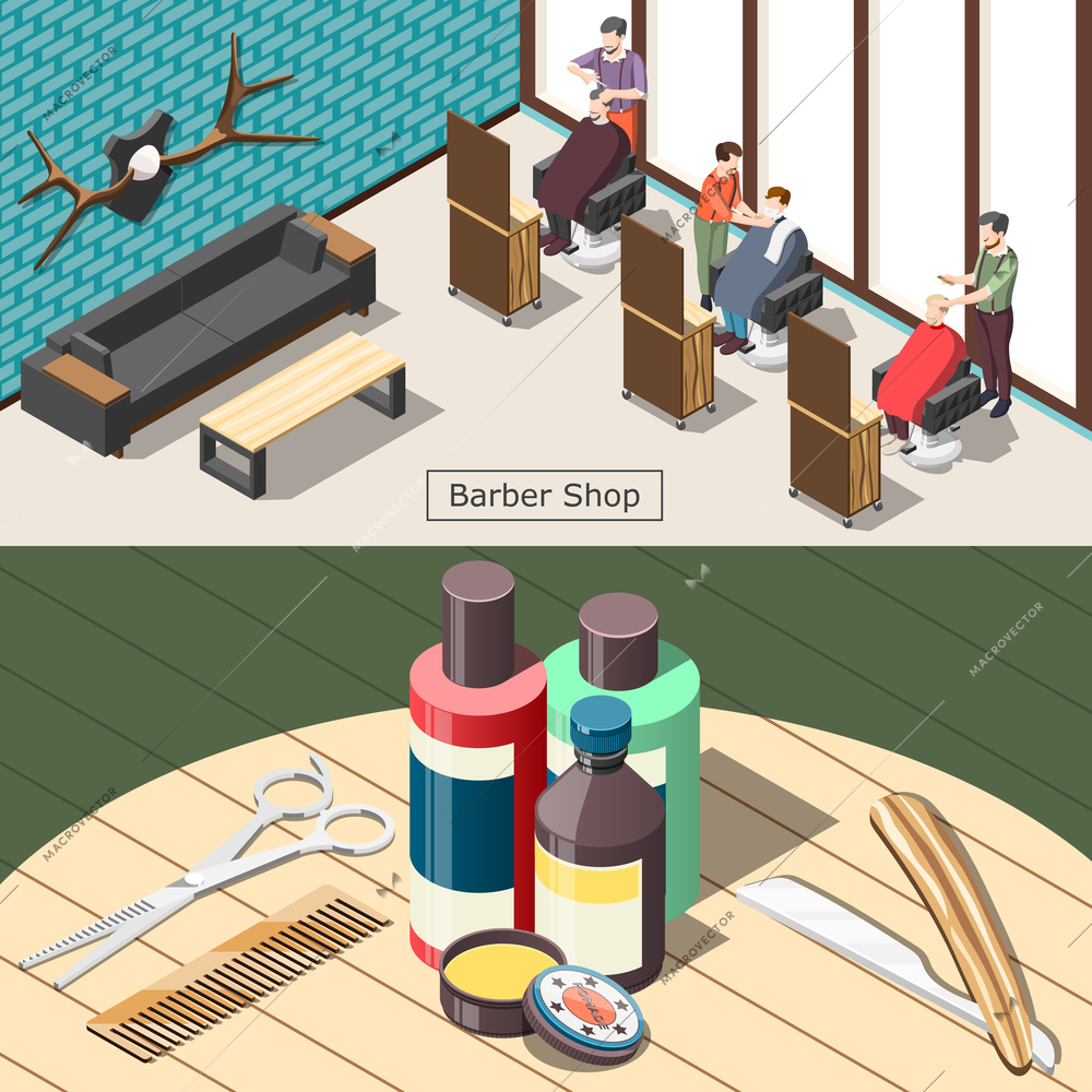 Barbershop set of horizontal isometric banners with male hair salon, professional tools and cosmetics isolated vector illustration