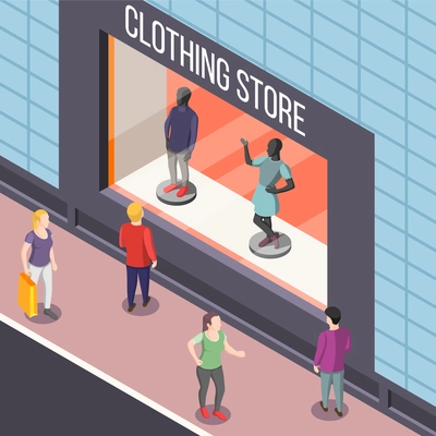 Showcase of fashion clothing store with dummies isometric background with persons watching vitrine from street vector illustration