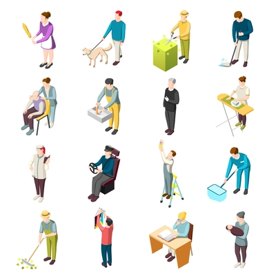 Domestic servant set of isometric icons with housemaid, gardener, nanny, personal chef, driver, nurse isolated vector illustration