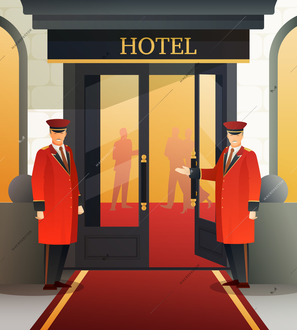 Doormen in red uniform near open door inviting to hotel, flat gradient composition vector illustration