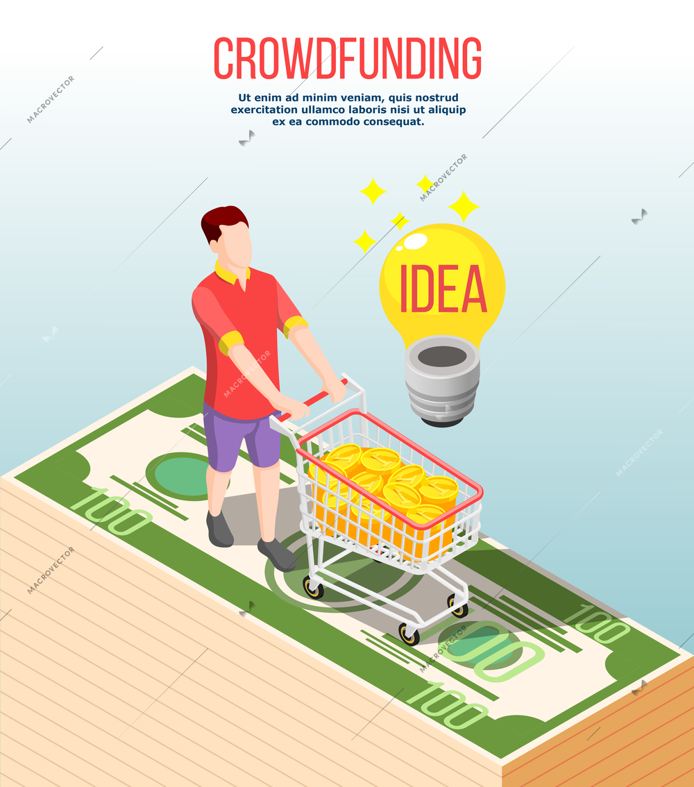 Crowdfunding isometric composition on gradient grey background with successful idea, man with trolley filled money, vector illusration